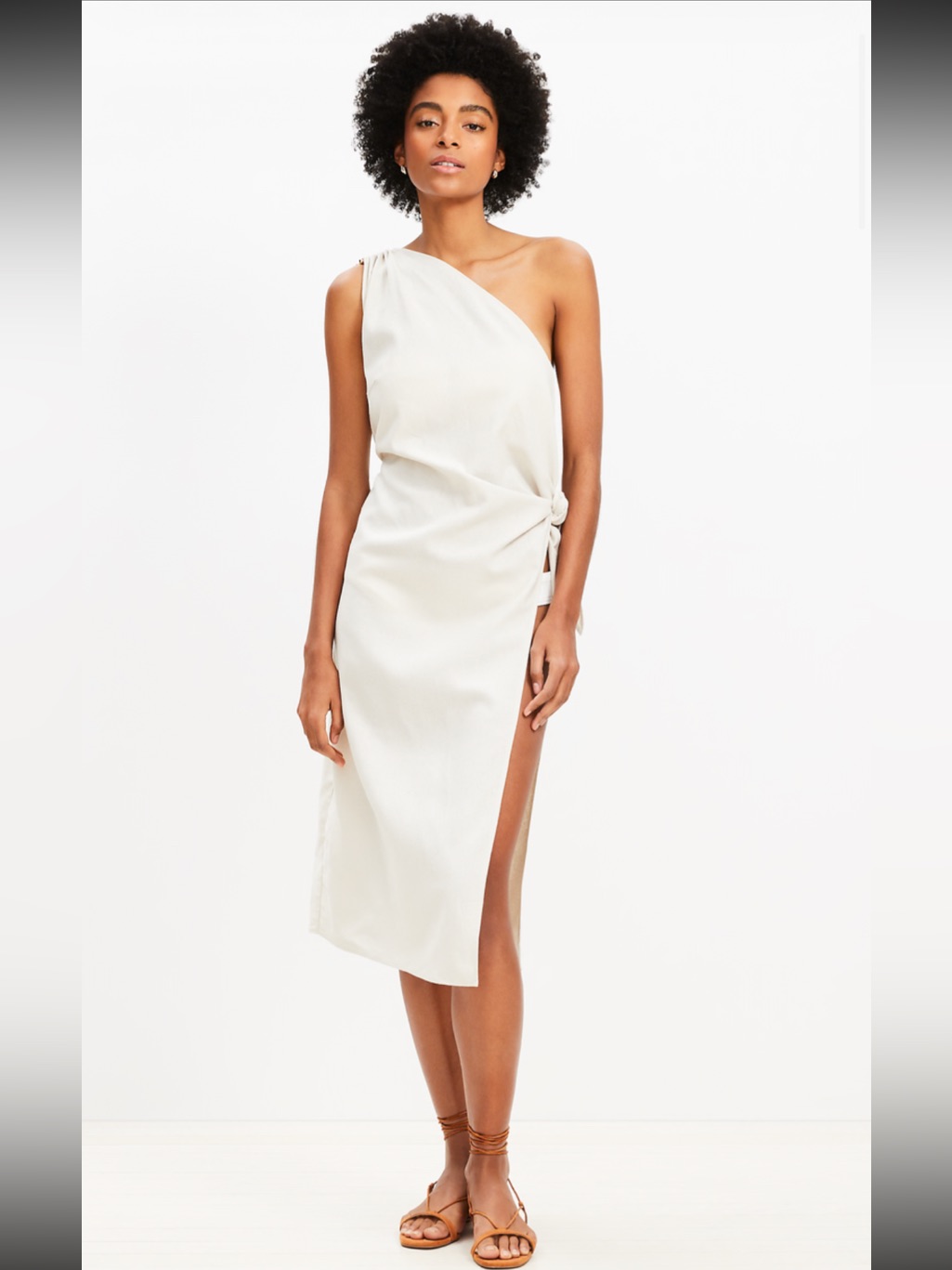 Loft One-Shoulder Cream Midi Dress With Side Knot & High Slit